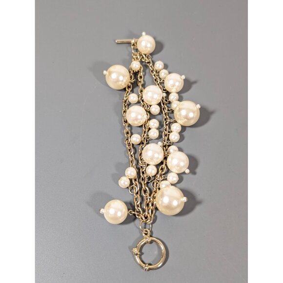 Retro Faux Pearl Charm Triple Chain ChaCha Bracelet Gold Tone Elegant 7" - Picture 6 of 11